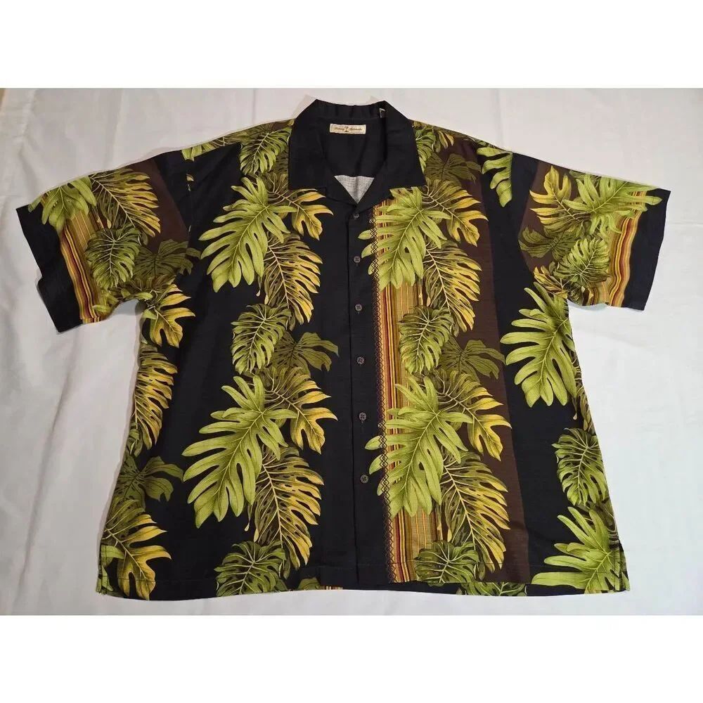 TOMMY BAHAMA BLACK GREEN LARGE LEAVES 100% SILK HAWAIIAN SHIRT MENS XXL 2XL